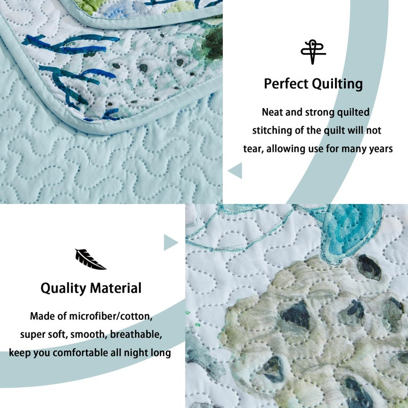 Tritard 3 Piece Coastal Beach Quilt Set Full/Queen Size Ocean Beach Themed Bedding Set Microfiber Lightweight Bedspread Coverlet with 2 Shams Starfish Coral Bed Covers for All Season  90''x96'' - Image 3